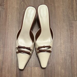 Reformation Cream and Brown Bow Mules